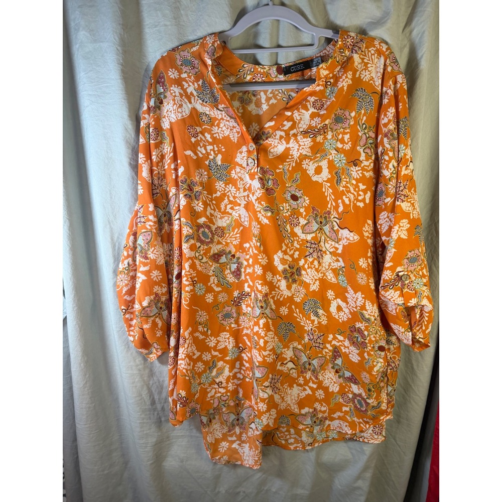 Cure Orange Floral Butterfly Print Tunic Top 1XL 3/4 Sleeve V-Neck Boho Blouse